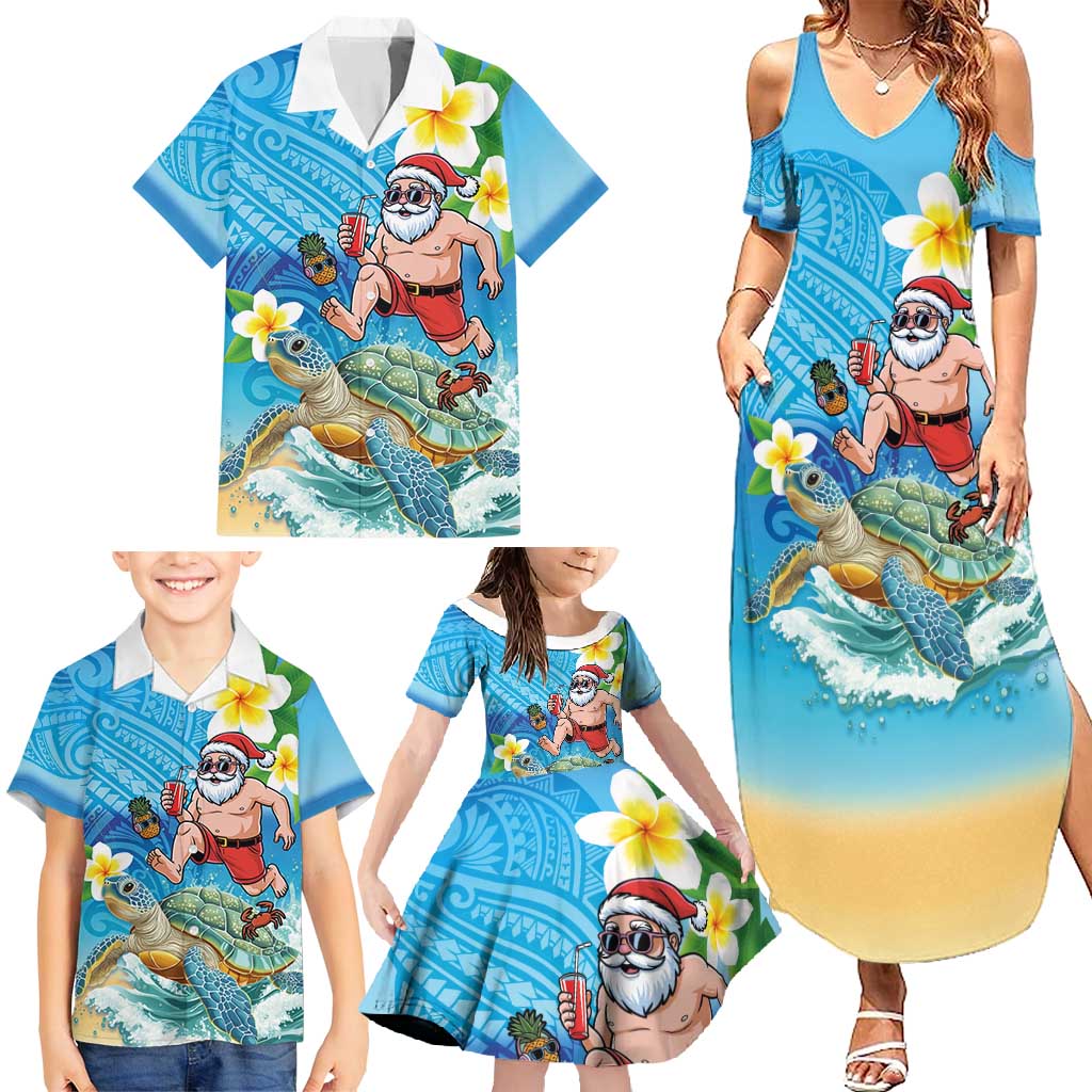 Polynesian Merry Christmas Family Matching Summer Maxi Dress and Hawaiian Shirt Funny Santa with Sea Turtle Beach Plumeria - Polynesian Pride