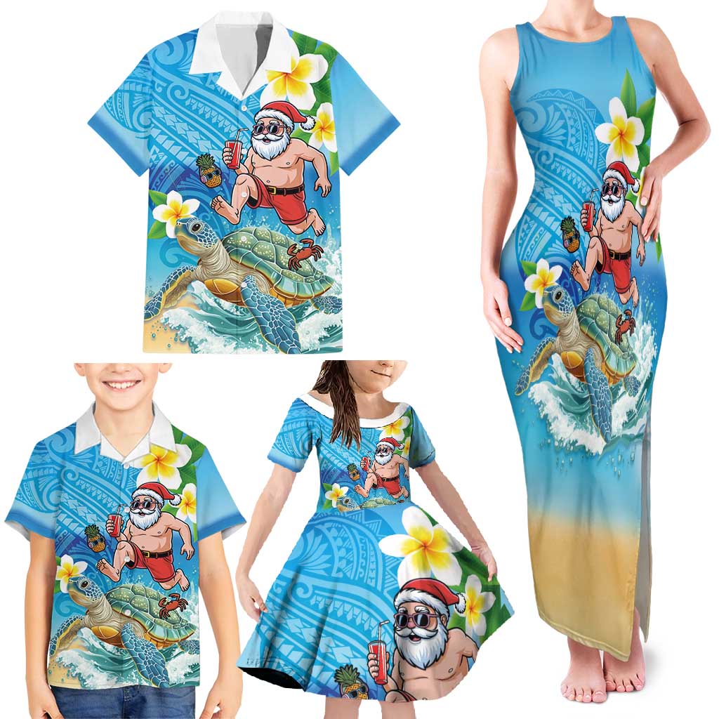 Polynesian Merry Christmas Family Matching Tank Maxi Dress and Hawaiian Shirt Funny Santa with Sea Turtle Beach Plumeria - Polynesian Pride