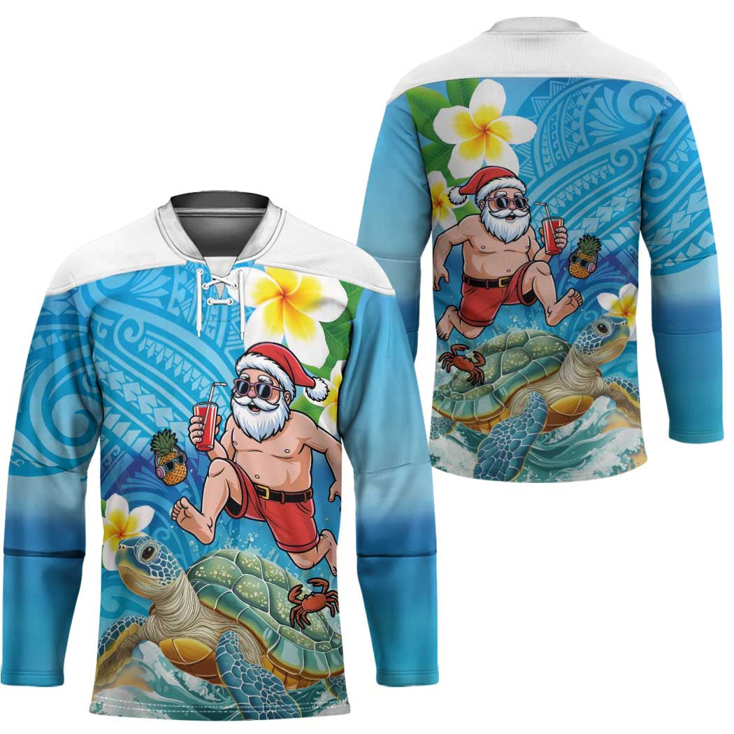 Polynesian Merry Christmas Hockey Jersey Funny Santa with Sea Turtle Beach Plumeria - Polynesian Pride