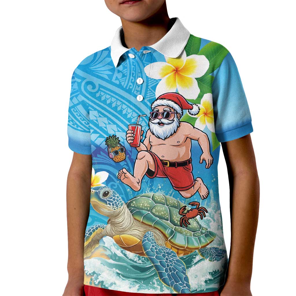 Polynesian Merry Christmas Kid Polo Shirt Funny Santa with Sea Turtle Beach Plumeria - Polynesian Pride