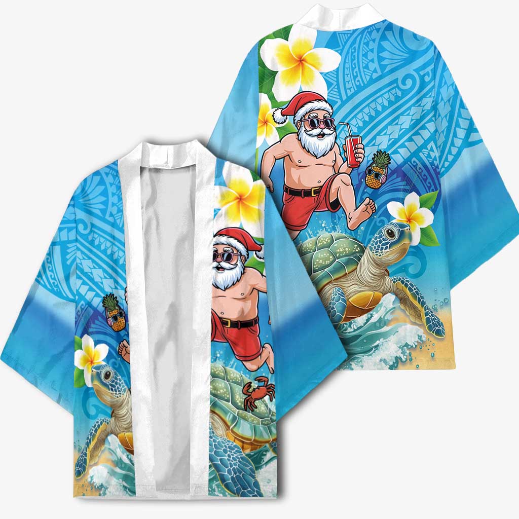 Polynesian Merry Christmas Kimono Funny Santa with Sea Turtle Beach Plumeria - Polynesian Pride