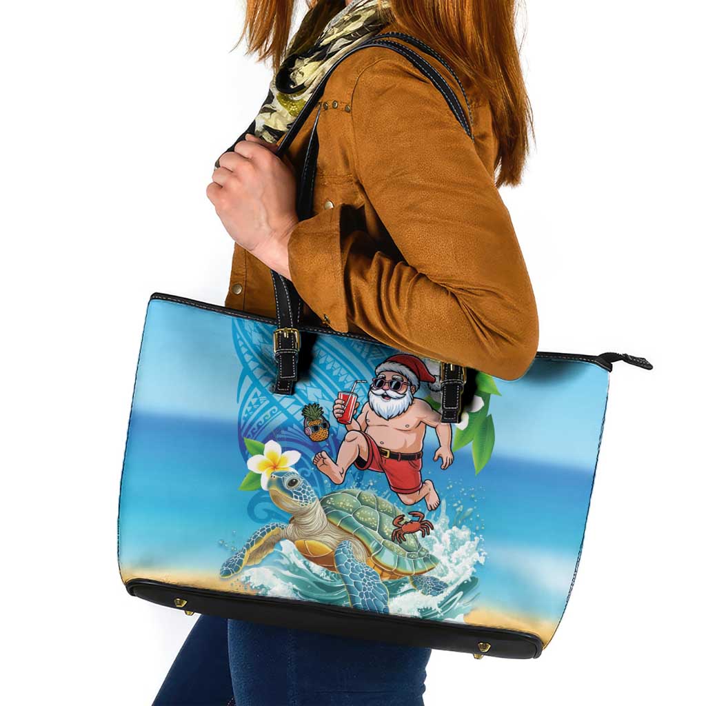 Polynesian Merry Christmas Leather Tote Bag Funny Santa with Sea Turtle Beach Plumeria - Polynesian Pride