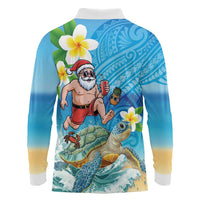 Polynesian Merry Christmas Long Sleeve Polo Shirt Funny Santa with Sea Turtle Beach Plumeria - Polynesian Pride