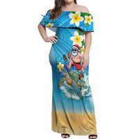 Polynesian Merry Christmas Off Shoulder Maxi Dress Funny Santa with Sea Turtle Beach Plumeria - Polynesian Pride