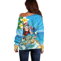 Polynesian Merry Christmas Off Shoulder Sweater Funny Santa with Sea Turtle Beach Plumeria - Polynesian Pride