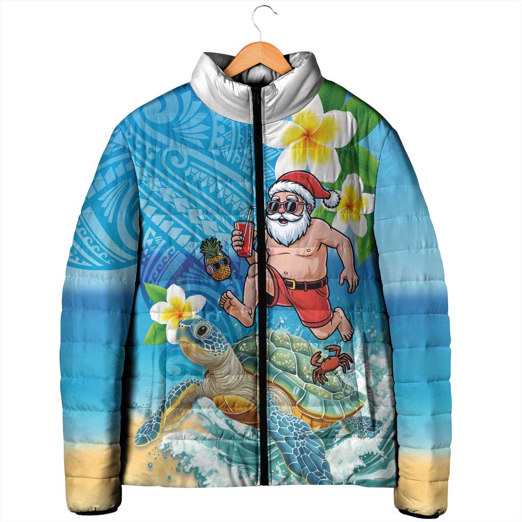Polynesian Merry Christmas Padded Jacket Funny Santa with Sea Turtle Beach Plumeria - Polynesian Pride