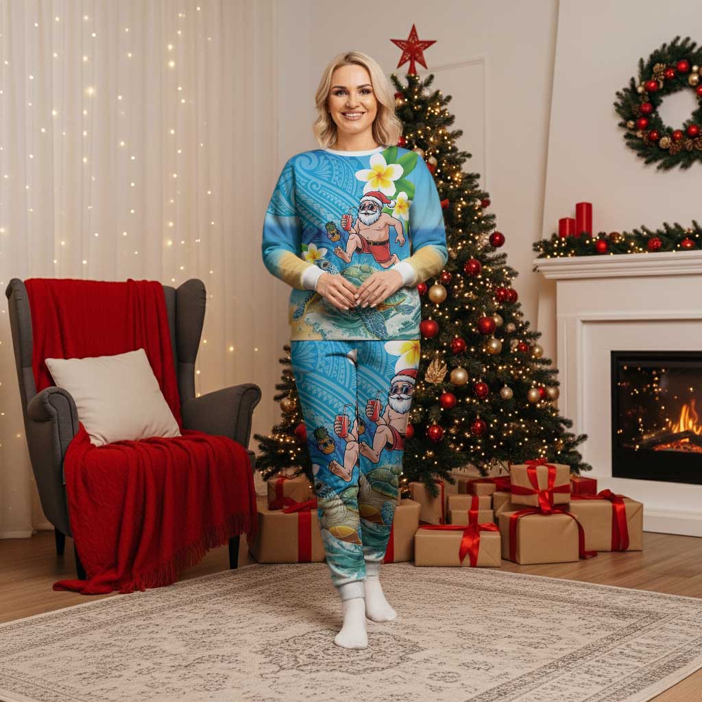 Polynesian Merry Christmas Pajama Set Funny Santa with Sea Turtle on Beach and Plumeria - Polynesian Pride