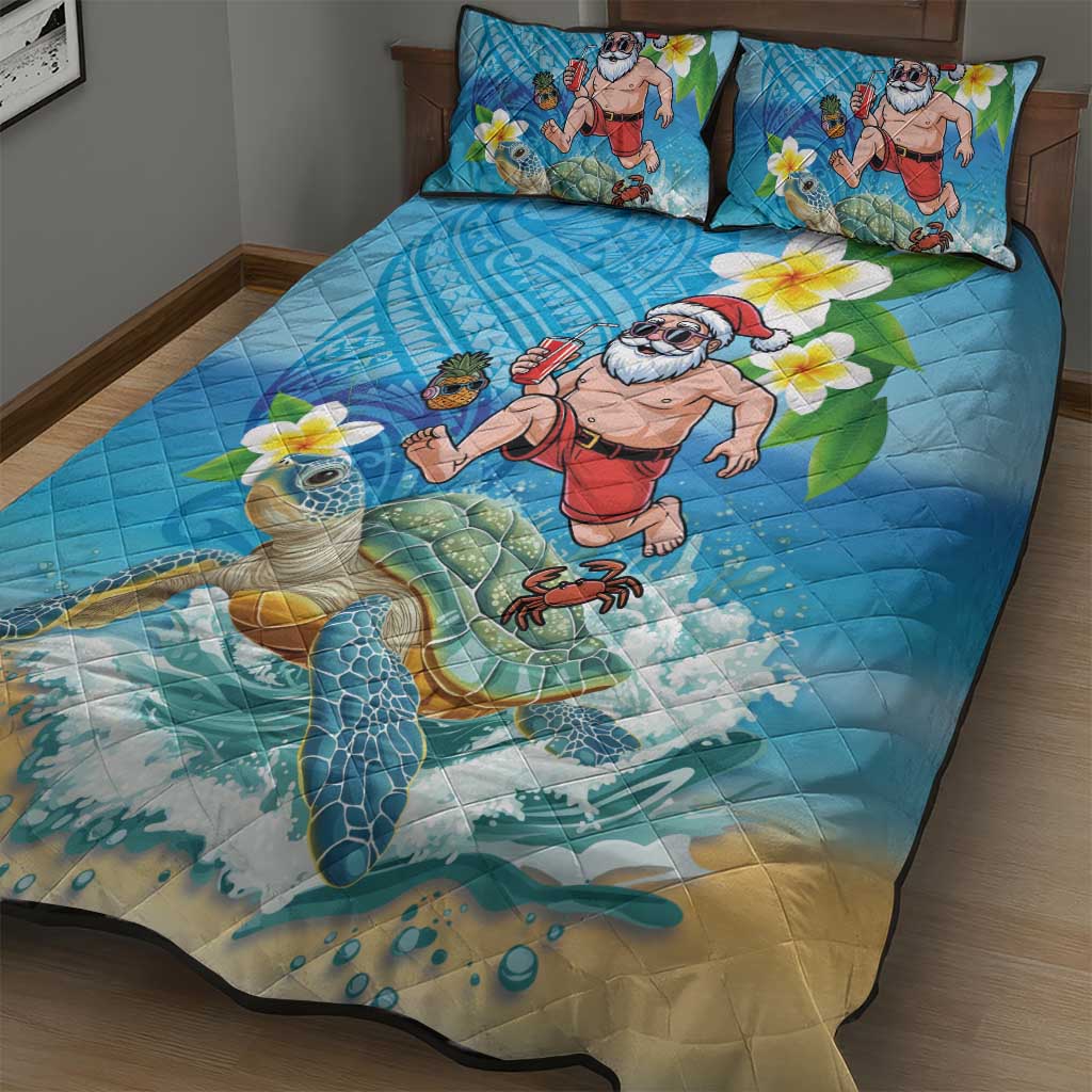 Polynesian Merry Christmas Quilt Bed Set Funny Santa with Sea Turtle Beach Plumeria - Polynesian Pride