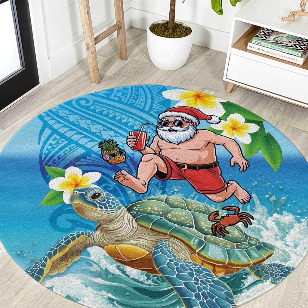 Polynesian Merry Christmas Round Carpet Funny Santa with Sea Turtle Beach Plumeria - Polynesian Pride
