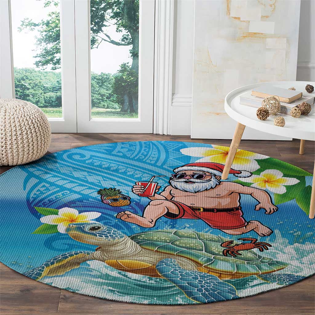 Polynesian Merry Christmas Round Carpet Funny Santa with Sea Turtle Beach Plumeria - Polynesian Pride