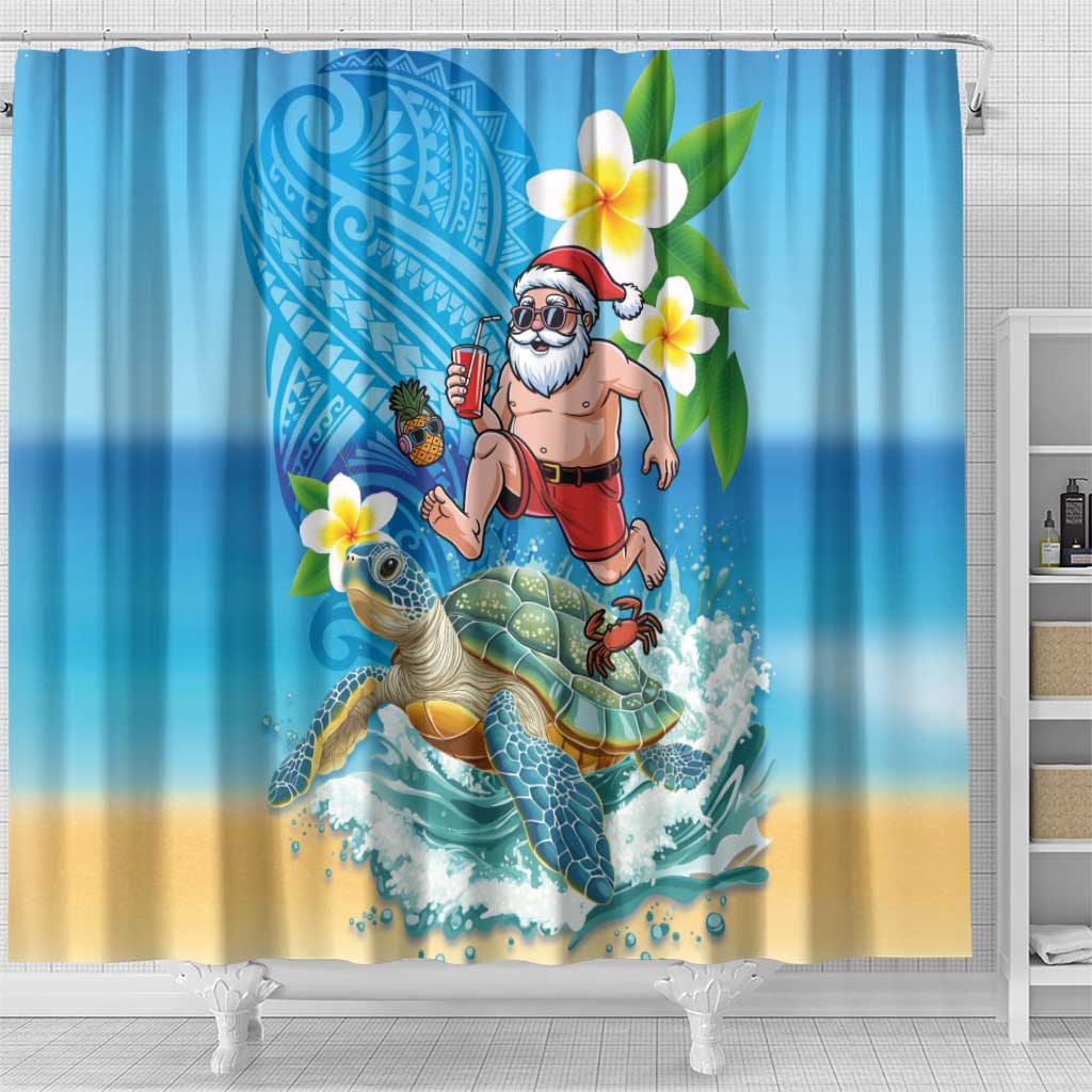Polynesian Merry Christmas Shower Curtain Funny Santa with Sea Turtle Beach Plumeria - Polynesian Pride