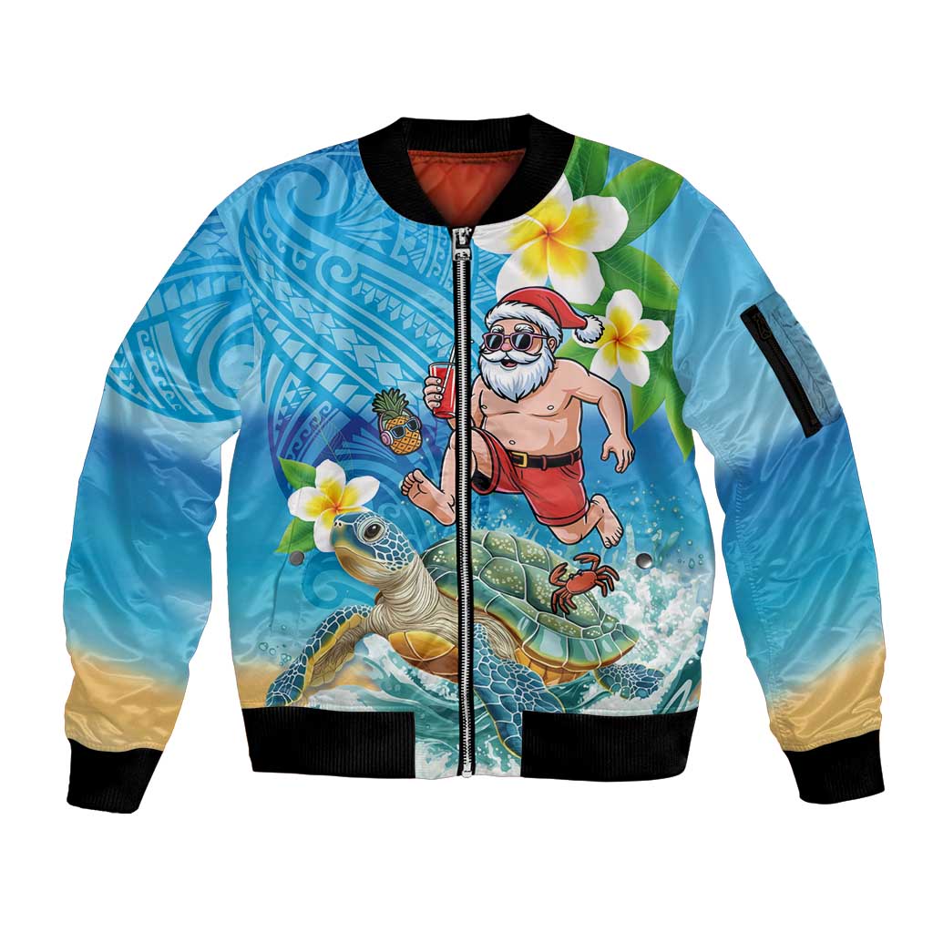 Polynesian Merry Christmas Sleeve Zip Bomber Jacket Funny Santa with Sea Turtle Beach Plumeria - Polynesian Pride