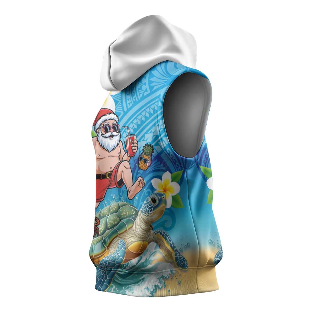 Polynesian Merry Christmas Sleeveless Hoodie Funny Santa with Sea Turtle Beach Plumeria - Polynesian Pride