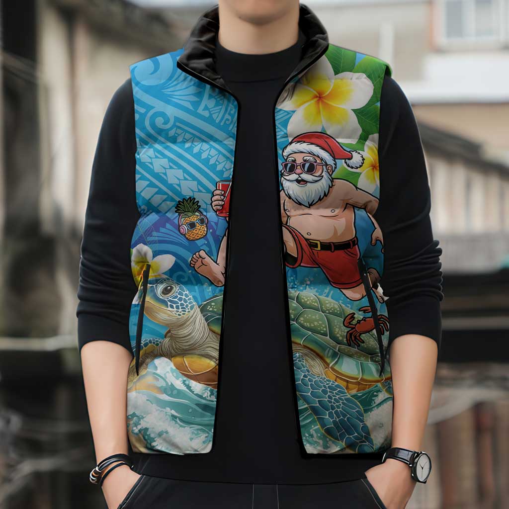 Polynesian Merry Christmas Sleeveless Puffer Jacket Funny Santa with Sea Turtle Beach Plumeria - Polynesian Pride