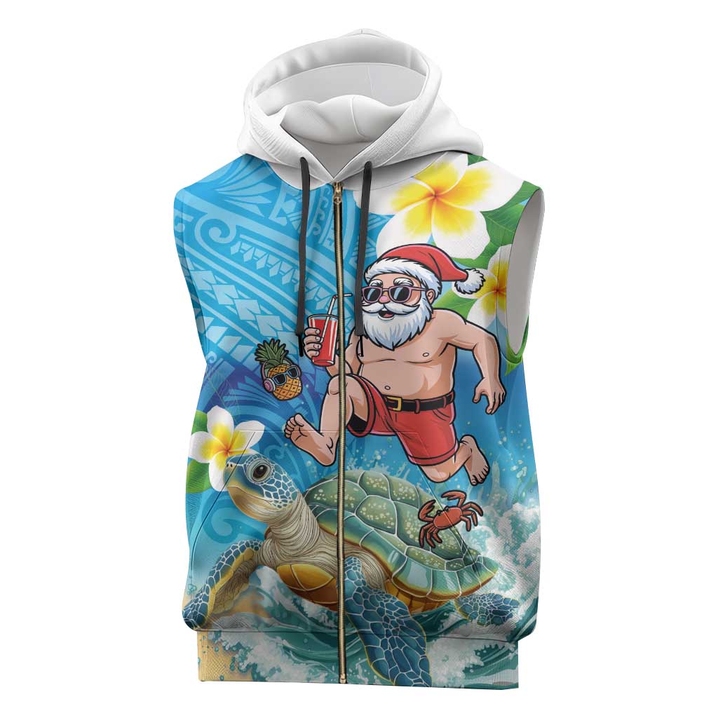 Polynesian Merry Christmas Sleeveless Zip Hoodie Funny Santa with Sea Turtle Beach Plumeria - Polynesian Pride