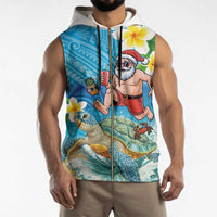 Polynesian Merry Christmas Sleeveless Zip Hoodie Funny Santa with Sea Turtle Beach Plumeria - Polynesian Pride