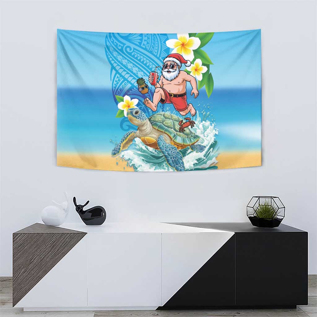 Polynesian Merry Christmas Tapestry Funny Santa with Sea Turtle Beach Plumeria - Polynesian Pride