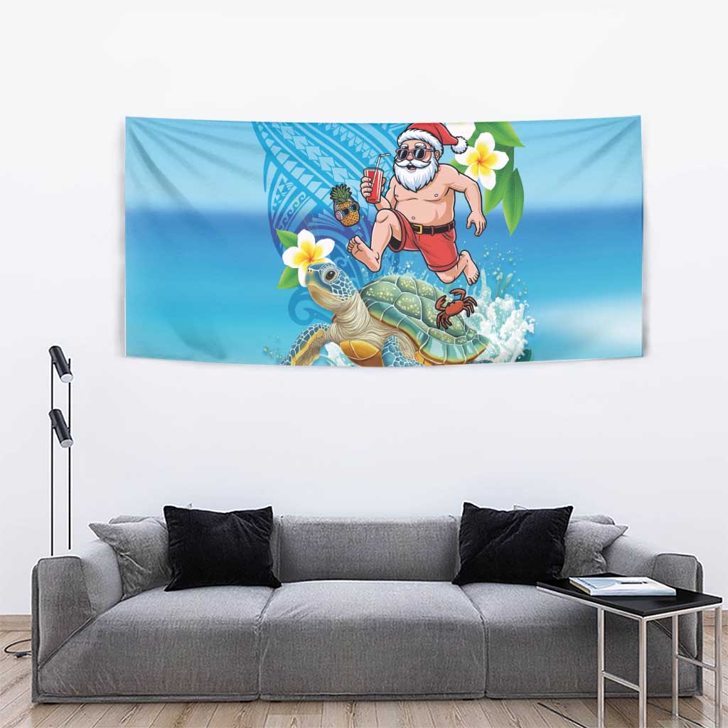 Polynesian Merry Christmas Tapestry Funny Santa with Sea Turtle Beach Plumeria - Polynesian Pride