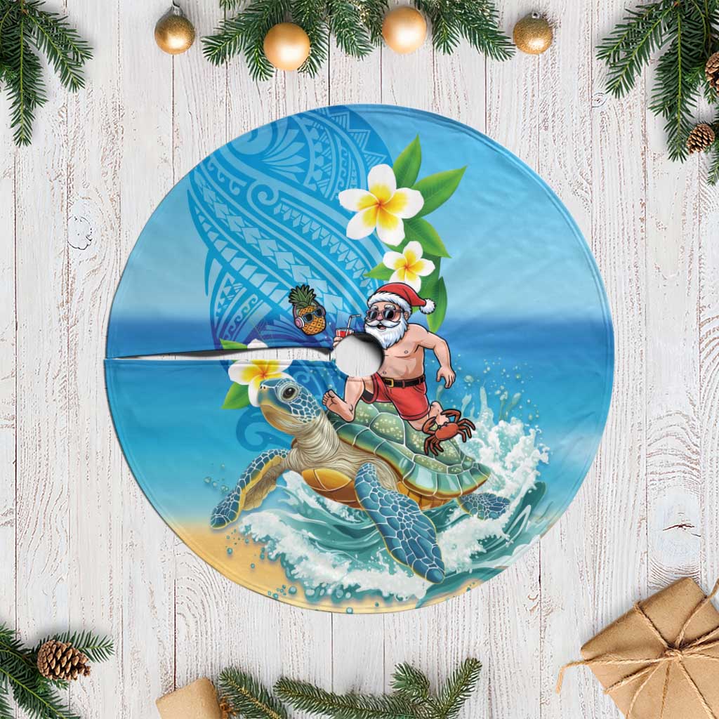 Polynesian Merry Christmas Tree Skirt Funny Santa with Sea Turtle on Beach and Plumeria - Polynesian Pride