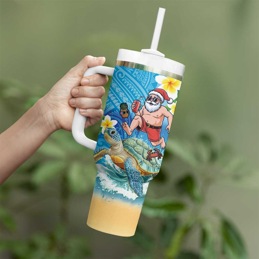 Polynesian Merry Christmas Tumbler With Handle Funny Santa with Sea Turtle Beach Plumeria - Polynesian Pride