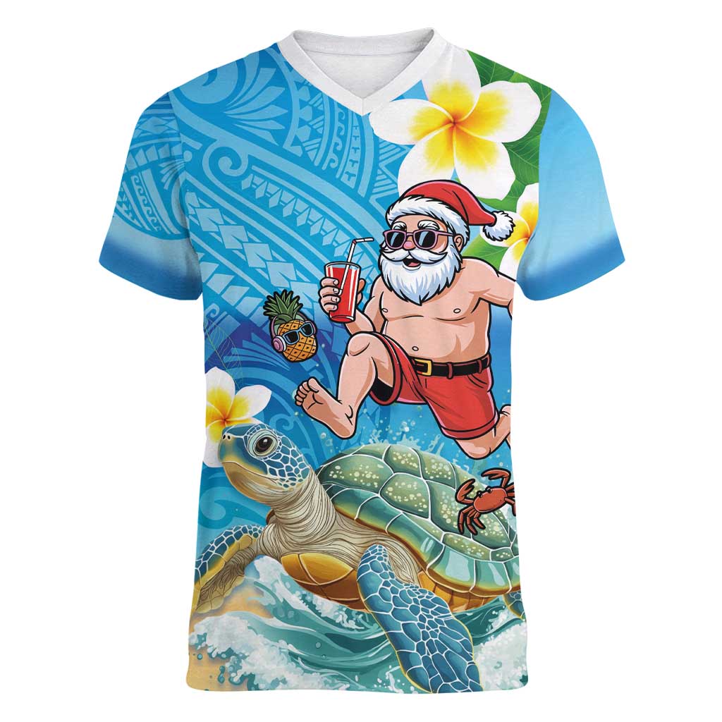 Polynesian Merry Christmas Women V-Neck T-Shirt Funny Santa with Sea Turtle Beach Plumeria - Polynesian Pride