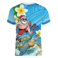 Polynesian Merry Christmas Women V-Neck T-Shirt Funny Santa with Sea Turtle Beach Plumeria - Polynesian Pride