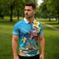 Polynesian Merry Christmas Zipper Polo Shirt Funny Santa with Sea Turtle Beach Plumeria - Polynesian Pride