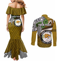 Hawaii James Campbell High School Couples Matching Mermaid Dress and Long Sleeve Button Shirt Kakau Pattern Gold Color Version LT03 - Polynesian Pride