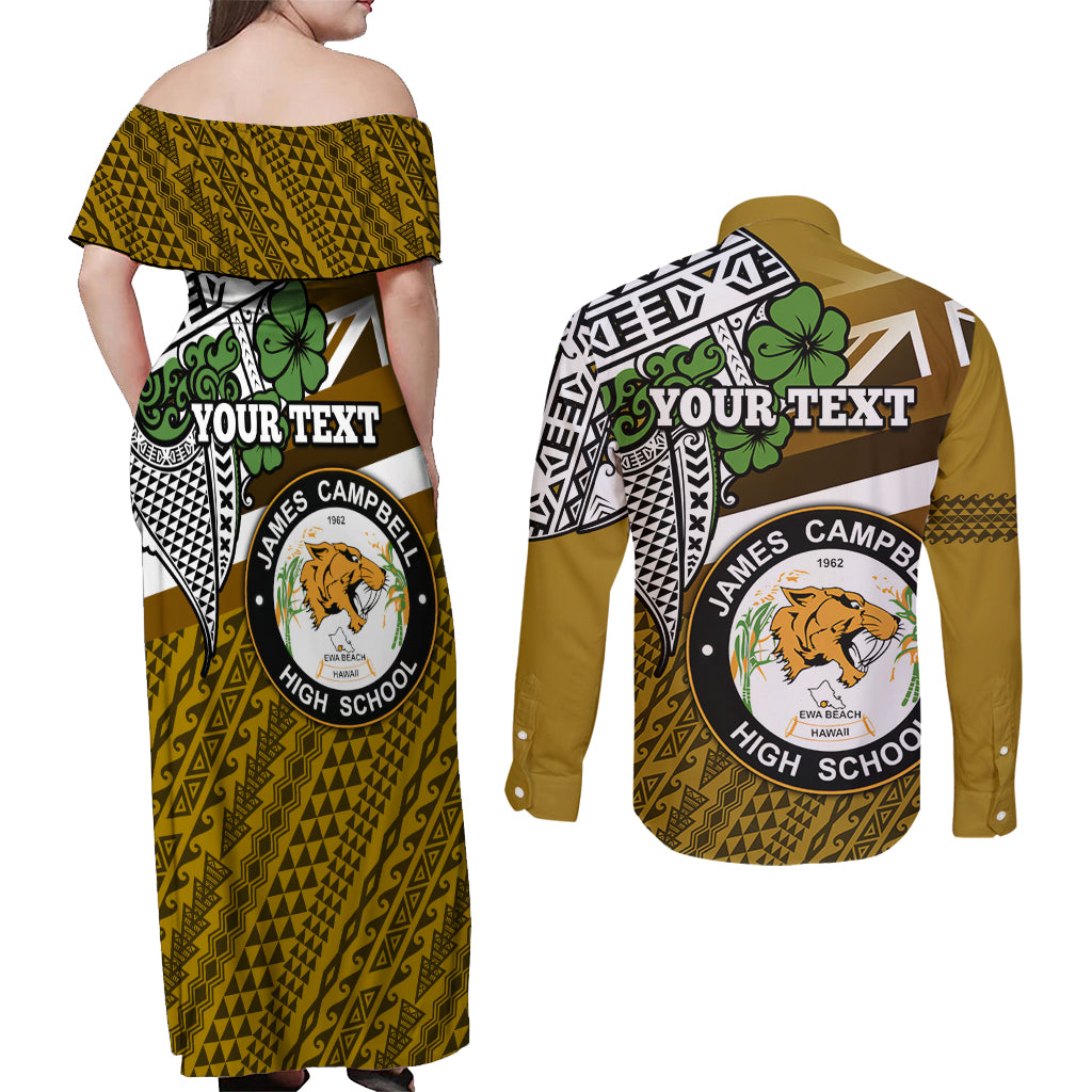 Hawaii James Campbell High School Couples Matching Off Shoulder Maxi Dress and Long Sleeve Button Shirt Kakau Pattern Gold Color Version LT03 - Polynesian Pride