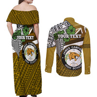 Hawaii James Campbell High School Couples Matching Off Shoulder Maxi Dress and Long Sleeve Button Shirt Kakau Pattern Gold Color Version LT03 - Polynesian Pride