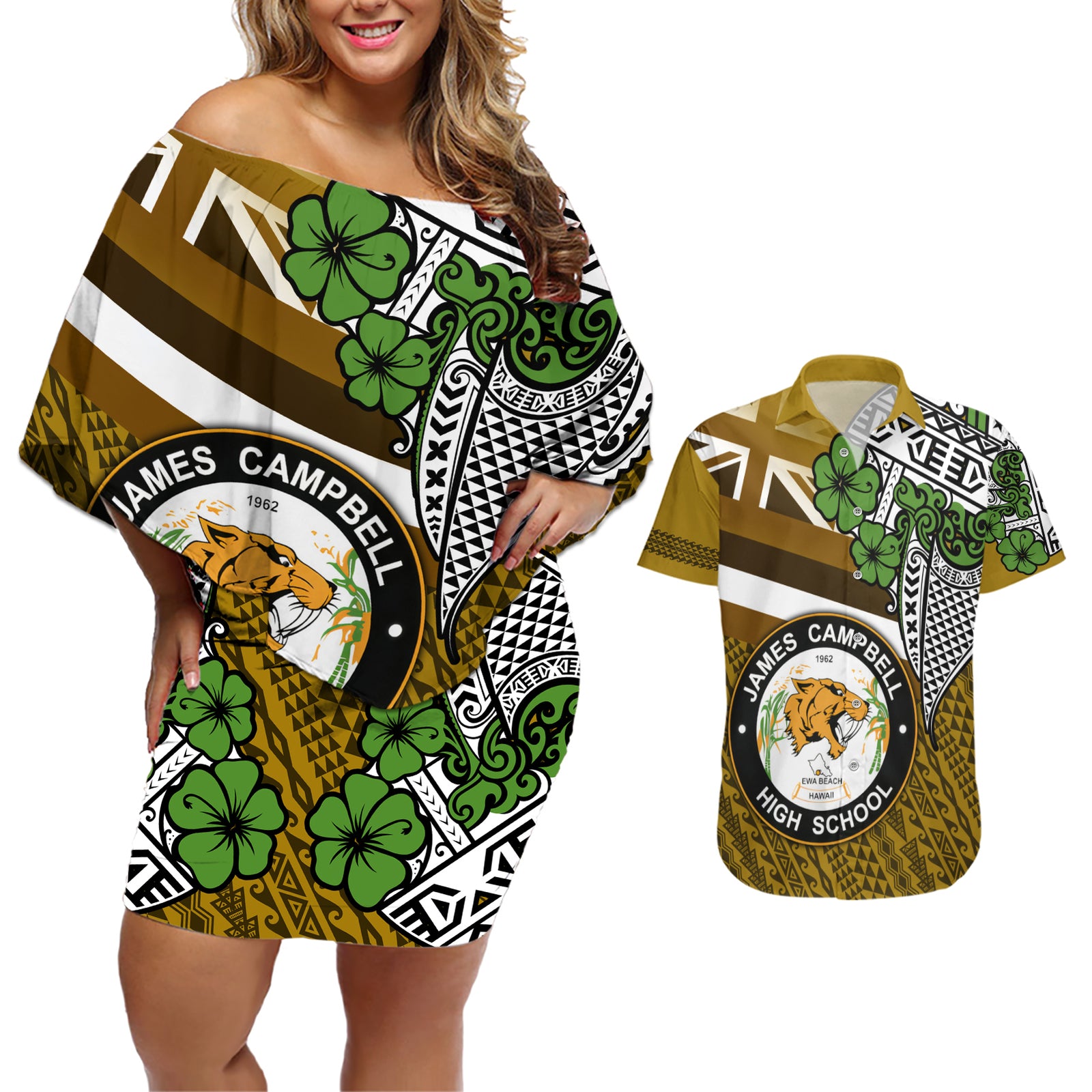 Hawaii James Campbell High School Couples Matching Off Shoulder Short Dress and Hawaiian Shirt Kakau Pattern Gold Color Version LT03 Gold - Polynesian Pride