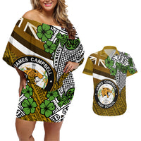 Hawaii James Campbell High School Couples Matching Off Shoulder Short Dress and Hawaiian Shirt Kakau Pattern Gold Color Version LT03 Gold - Polynesian Pride