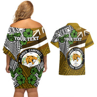 Hawaii James Campbell High School Couples Matching Off Shoulder Short Dress and Hawaiian Shirt Kakau Pattern Gold Color Version LT03 - Polynesian Pride