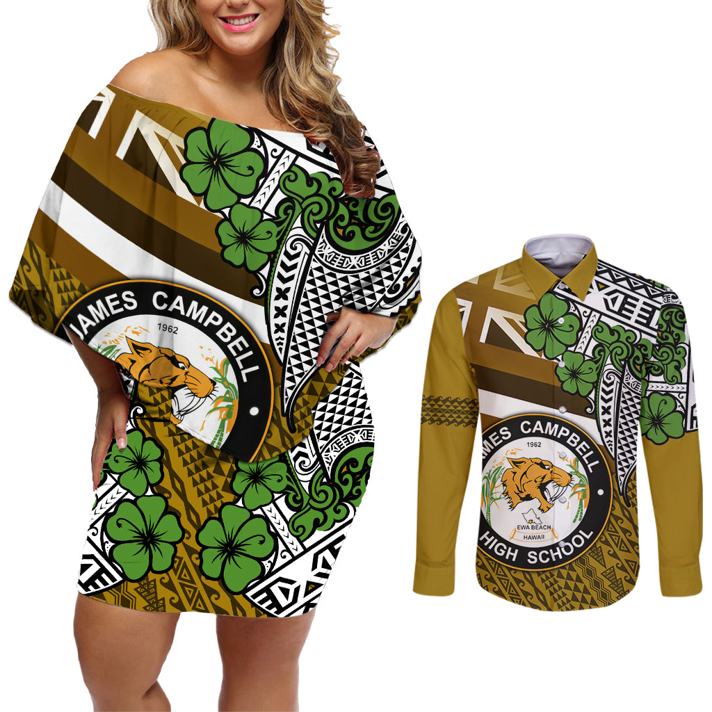 Hawaii James Campbell High School Couples Matching Off Shoulder Short Dress and Long Sleeve Button Shirt Kakau Pattern Gold Color Version LT03 Gold - Polynesian Pride