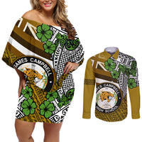 Hawaii James Campbell High School Couples Matching Off Shoulder Short Dress and Long Sleeve Button Shirt Kakau Pattern Gold Color Version LT03 Gold - Polynesian Pride