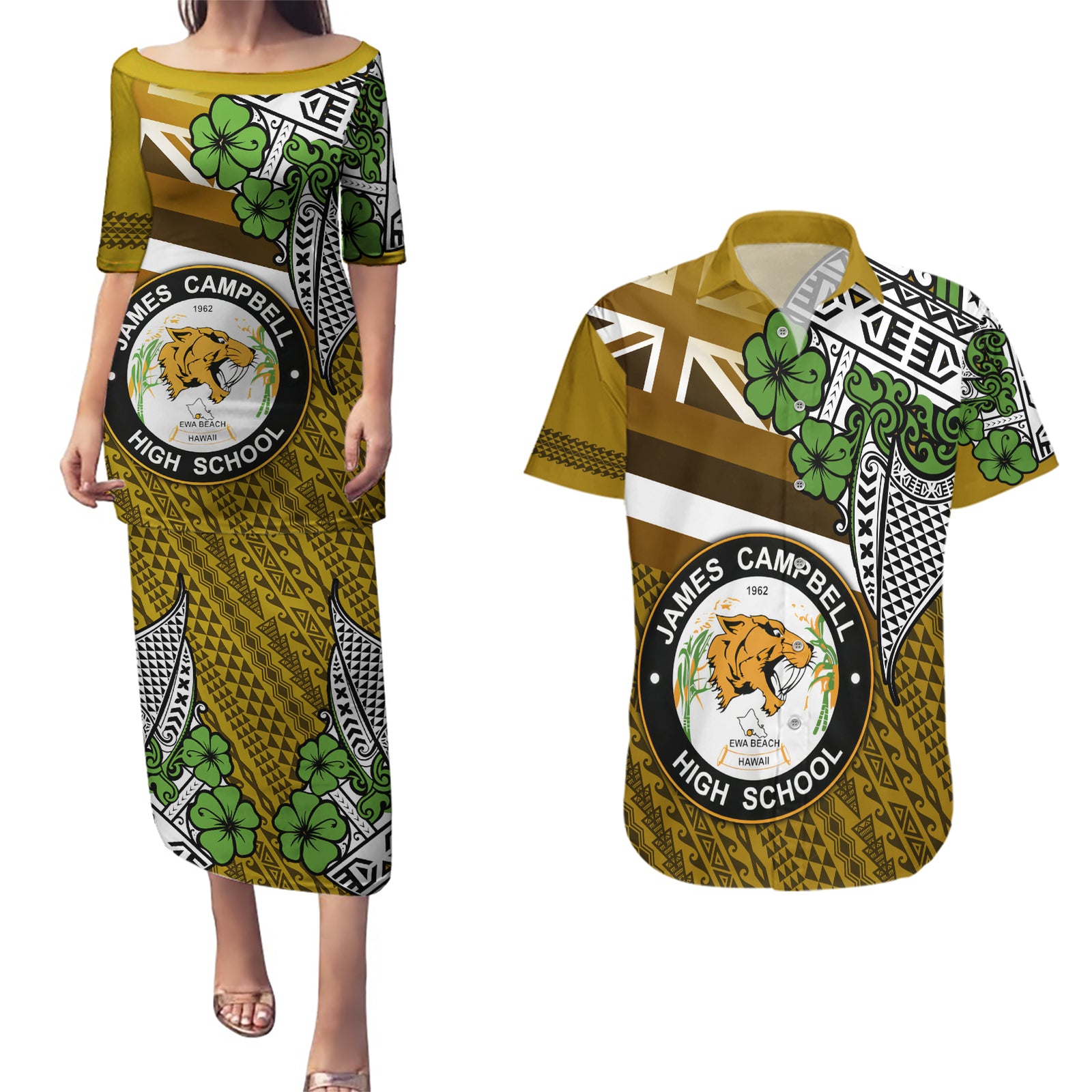 Hawaii James Campbell High School Couples Matching Puletasi Dress and Hawaiian Shirt Kakau Pattern Gold Color Version LT03 Gold - Polynesian Pride