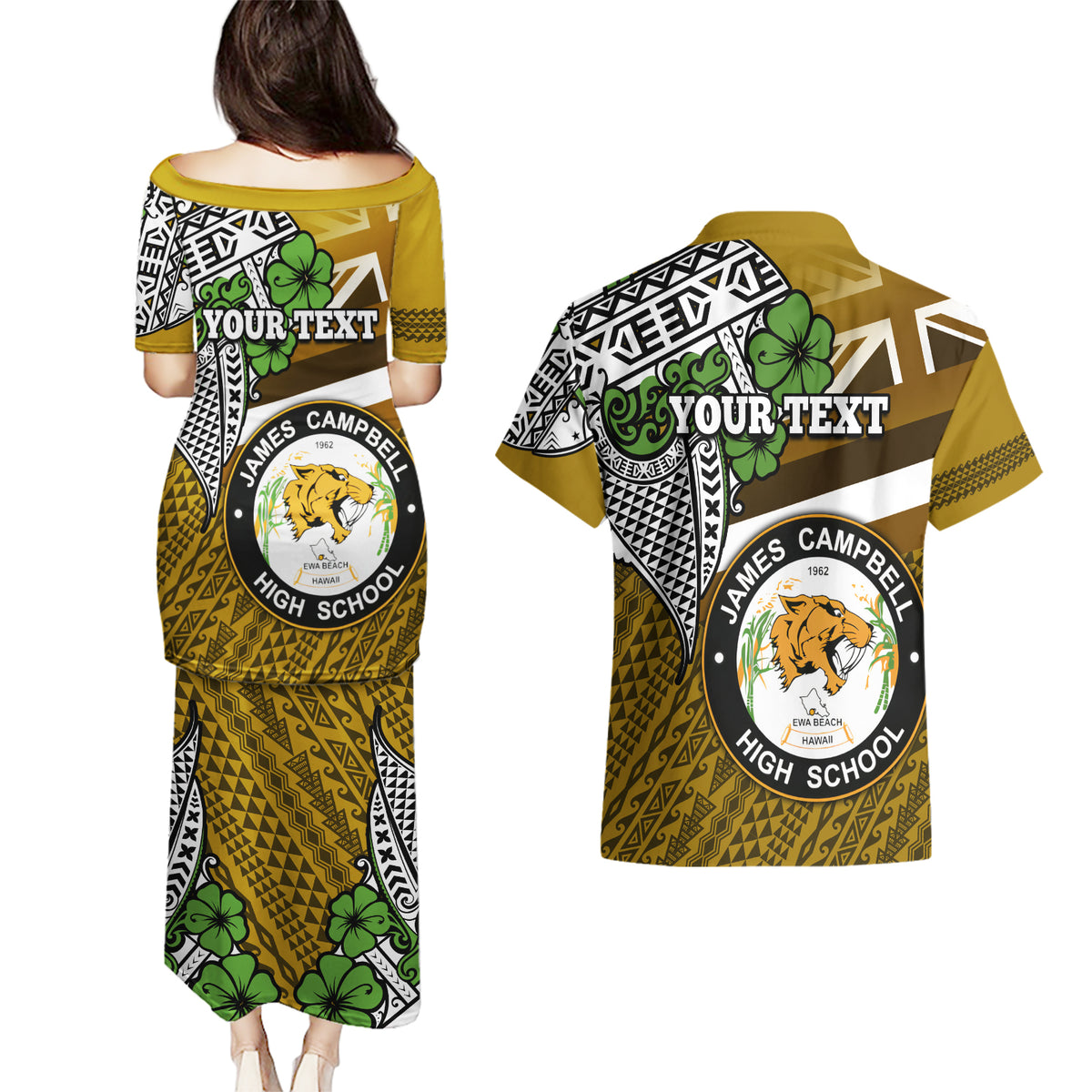 Hawaii James Campbell High School Couples Matching Puletasi Dress and Hawaiian Shirt Kakau Pattern Gold Color Version LT03 - Polynesian Pride