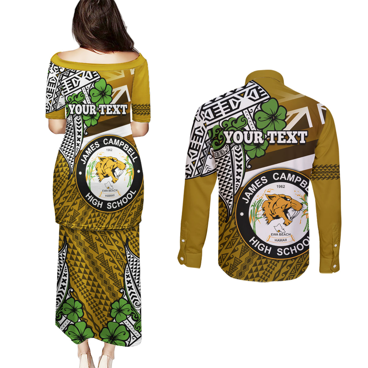 Hawaii James Campbell High School Couples Matching Puletasi Dress and Long Sleeve Button Shirt Kakau Pattern Gold Color Version LT03 - Polynesian Pride