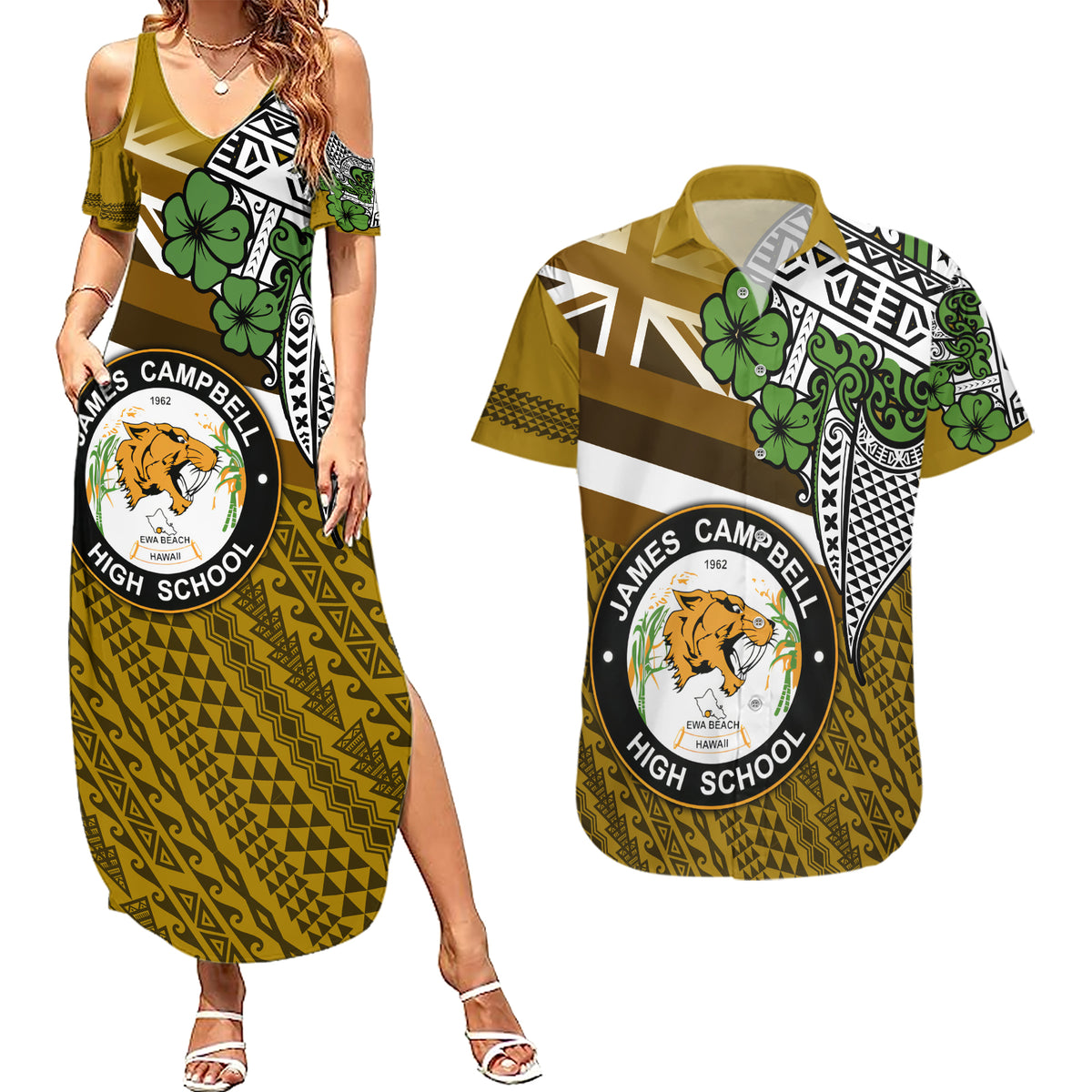 Hawaii James Campbell High School Couples Matching Summer Maxi Dress and Hawaiian Shirt Kakau Pattern Gold Color Version LT03 Gold - Polynesian Pride