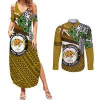 Hawaii James Campbell High School Couples Matching Summer Maxi Dress and Long Sleeve Button Shirt Kakau Pattern Gold Color Version LT03 Gold - Polynesian Pride
