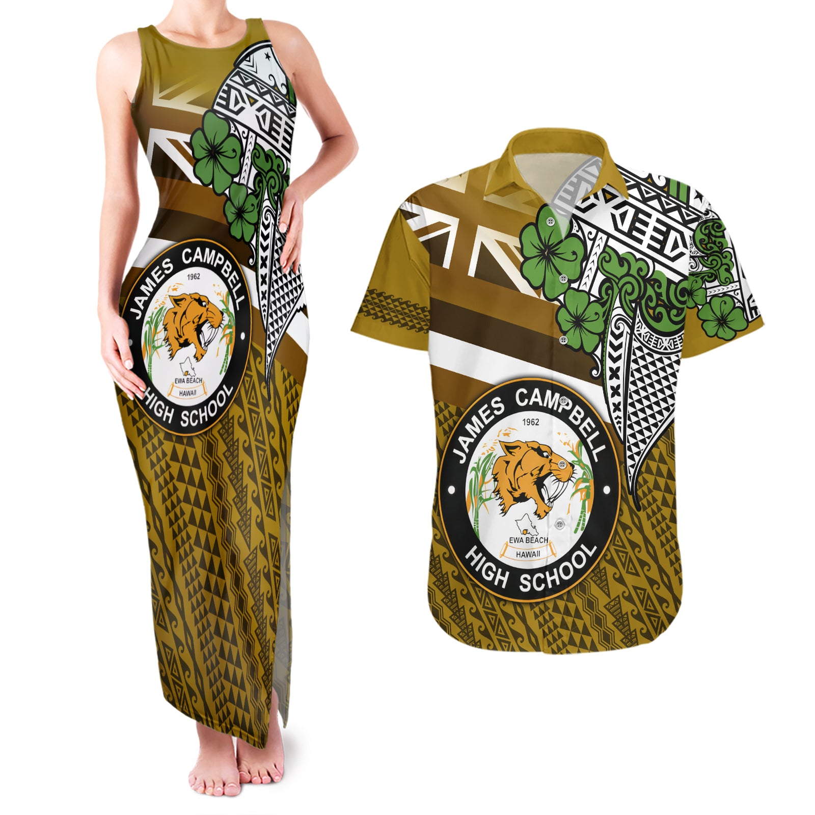 Hawaii James Campbell High School Couples Matching Tank Maxi Dress and Hawaiian Shirt Kakau Pattern Gold Color Version LT03 Gold - Polynesian Pride