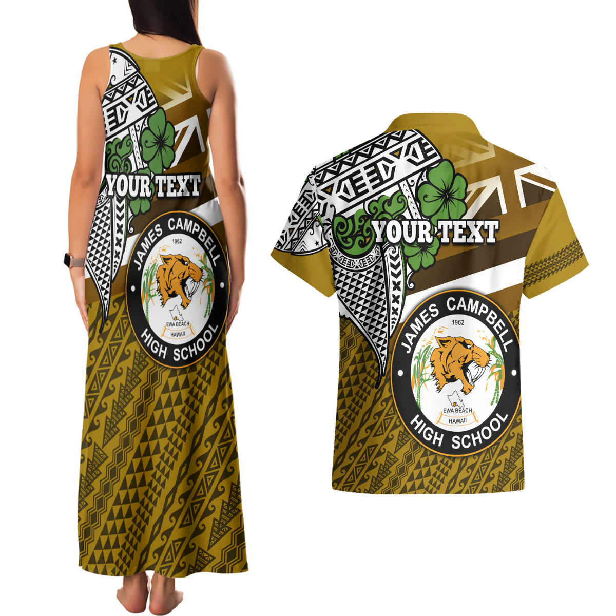 Hawaii James Campbell High School Couples Matching Tank Maxi Dress and Hawaiian Shirt Kakau Pattern Gold Color Version LT03 - Polynesian Pride