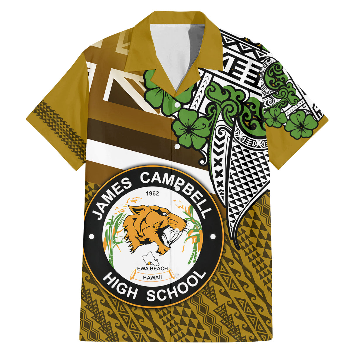 Hawaii James Campbell High School Family Matching Mermaid Dress and Hawaiian Shirt Kakau Pattern Gold Color Version LT03 Dad's Shirt - Short Sleeve Gold - Polynesian Pride
