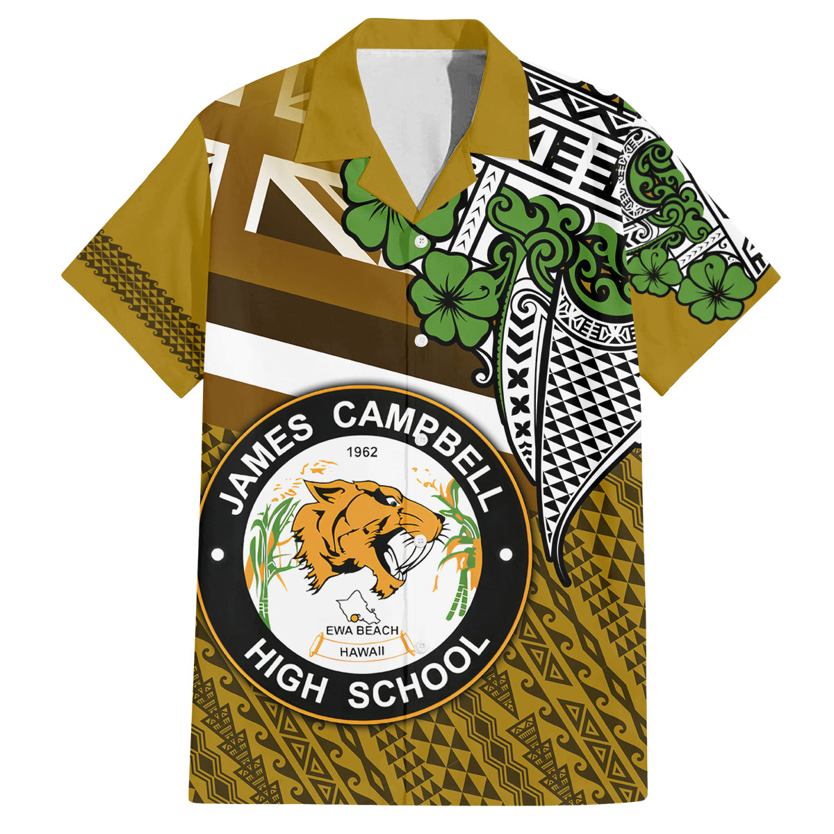 Hawaii James Campbell High School Family Matching Off Shoulder Short Dress and Hawaiian Shirt Kakau Pattern Gold Color Version LT03 Dad's Shirt - Short Sleeve Gold - Polynesian Pride