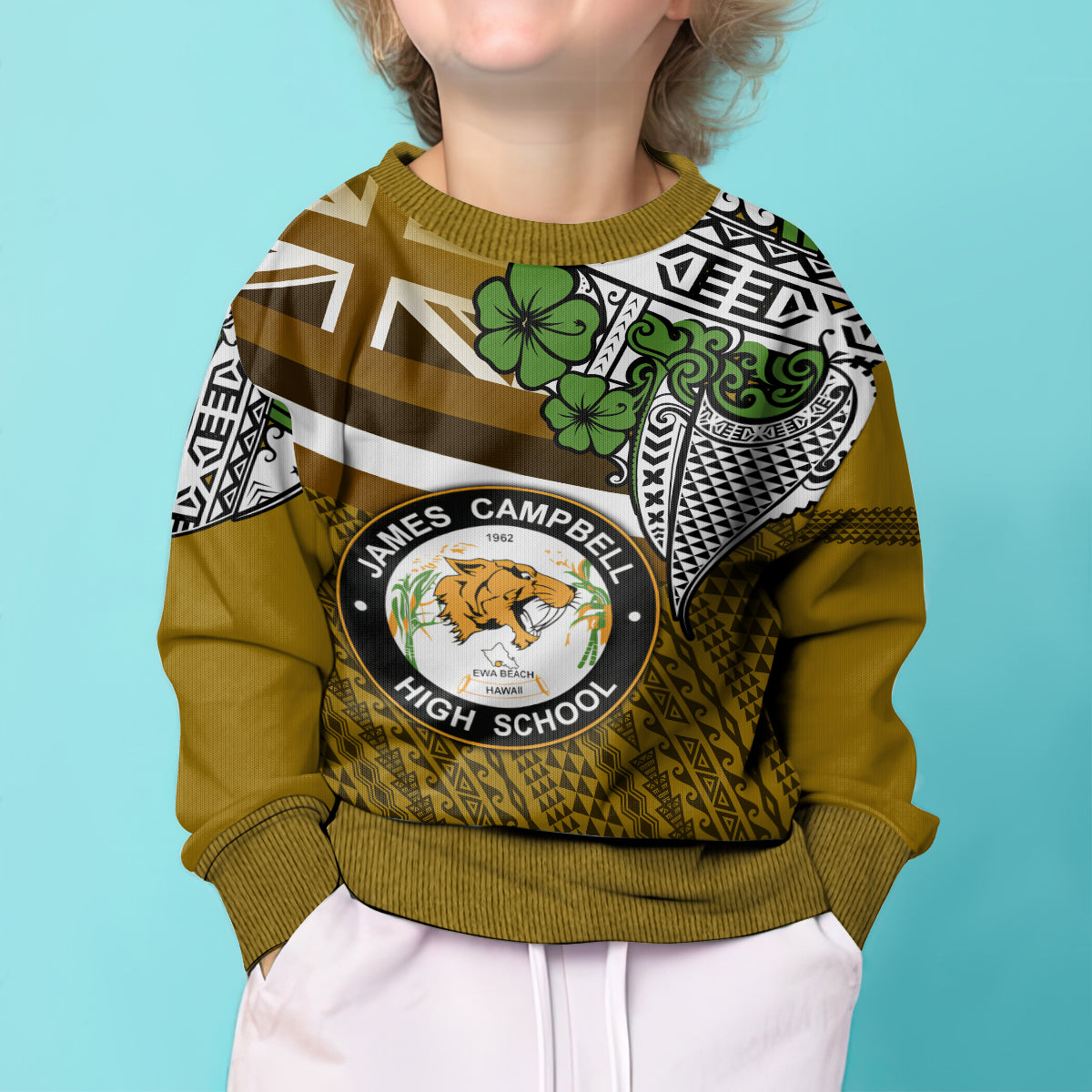 Hawaii James Campbell High School Kid Ugly Christmas Sweater Kakau Pattern Gold Color Version LT03 - Polynesian Pride