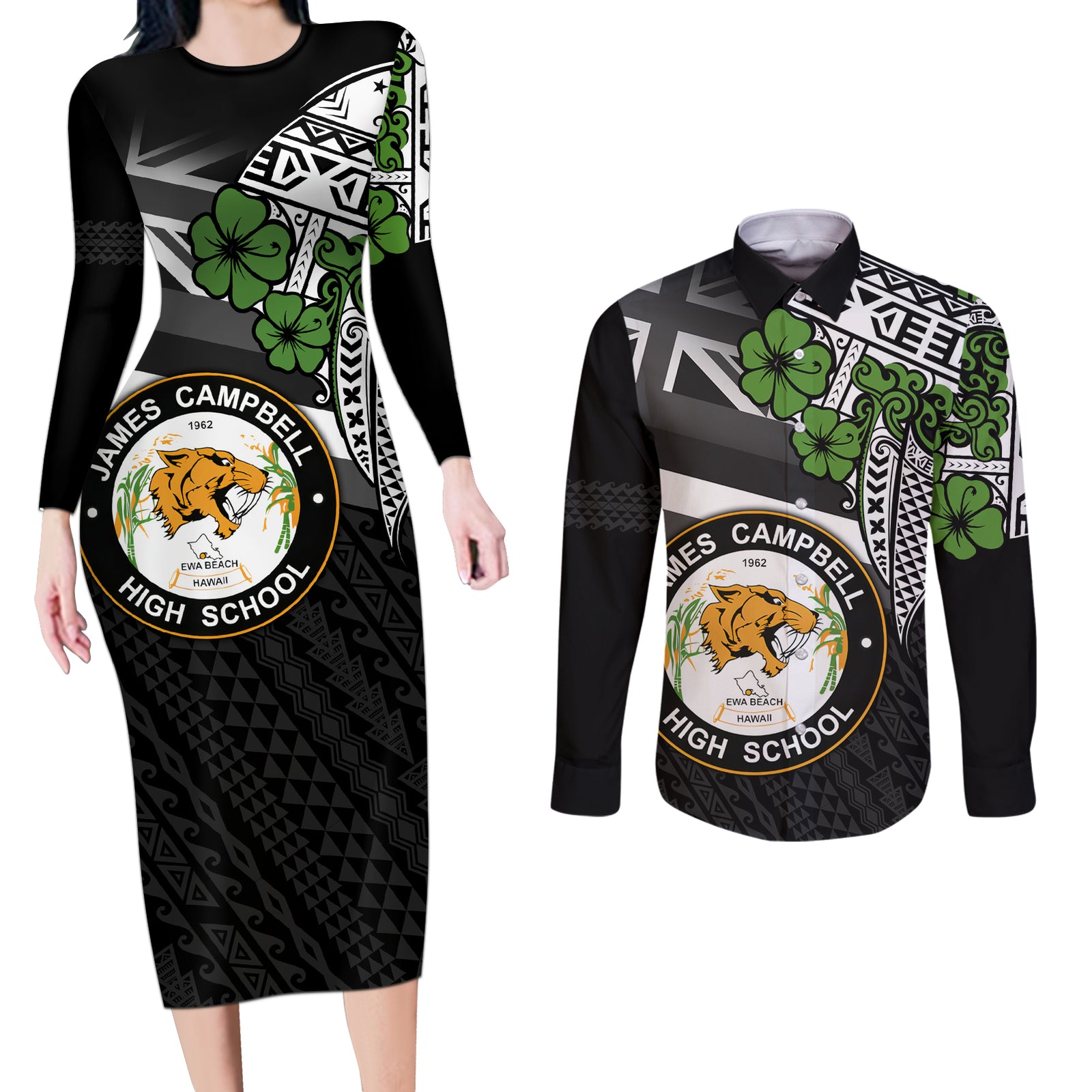 Hawaii James Campbell High School Couples Matching Long Sleeve Bodycon Dress and Long Sleeve Button Shirt Kakau Pattern Black Version LT03 Black - Polynesian Pride