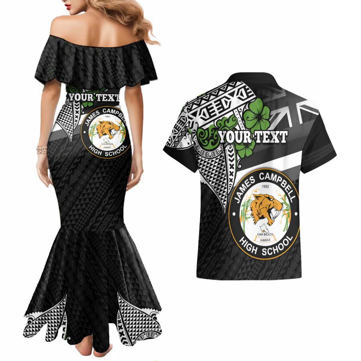 Hawaii James Campbell High School Couples Matching Mermaid Dress and Hawaiian Shirt Kakau Pattern Black Version LT03 - Polynesian Pride