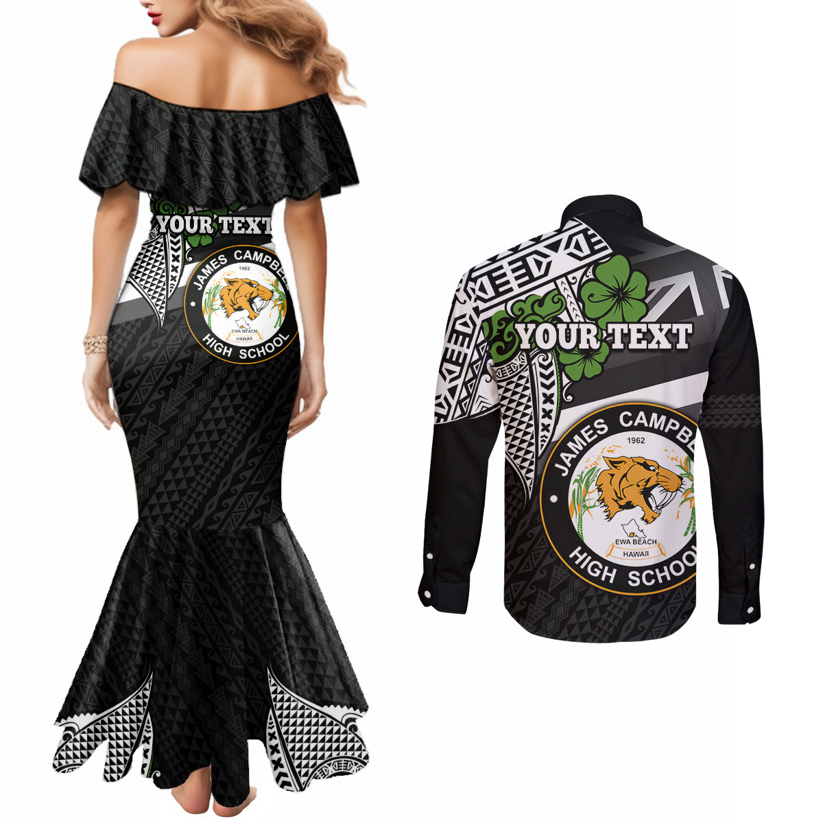 Hawaii James Campbell High School Couples Matching Mermaid Dress and Long Sleeve Button Shirt Kakau Pattern Black Version LT03 - Polynesian Pride
