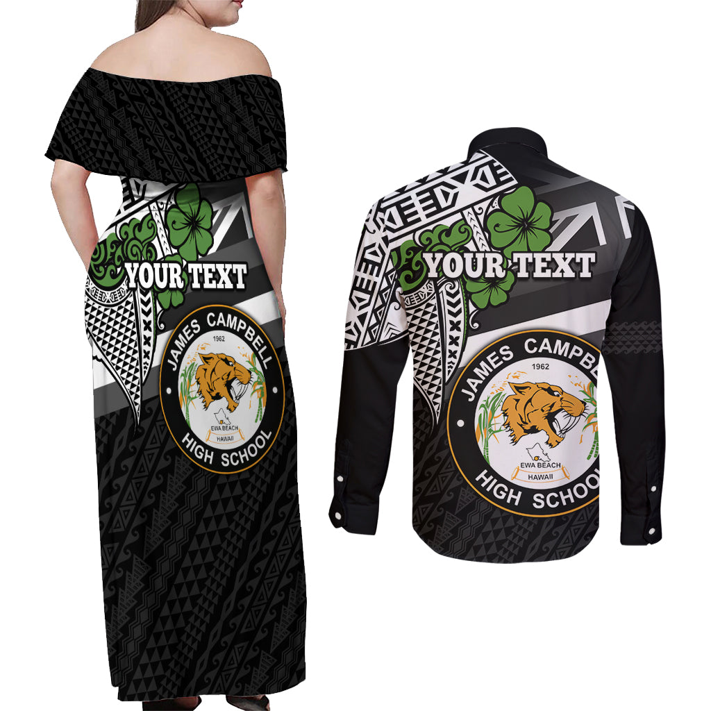 Hawaii James Campbell High School Couples Matching Off Shoulder Maxi Dress and Long Sleeve Button Shirt Kakau Pattern Black Version LT03 - Polynesian Pride