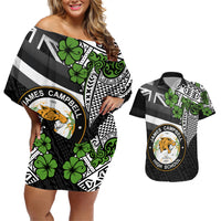 Hawaii James Campbell High School Couples Matching Off Shoulder Short Dress and Hawaiian Shirt Kakau Pattern Black Version LT03 Black - Polynesian Pride